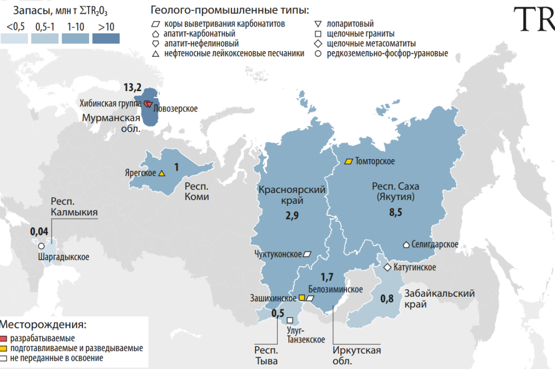 Распределение запасов РЗМ между субъектами Российской Федерации (млн т) и их основные месторождения